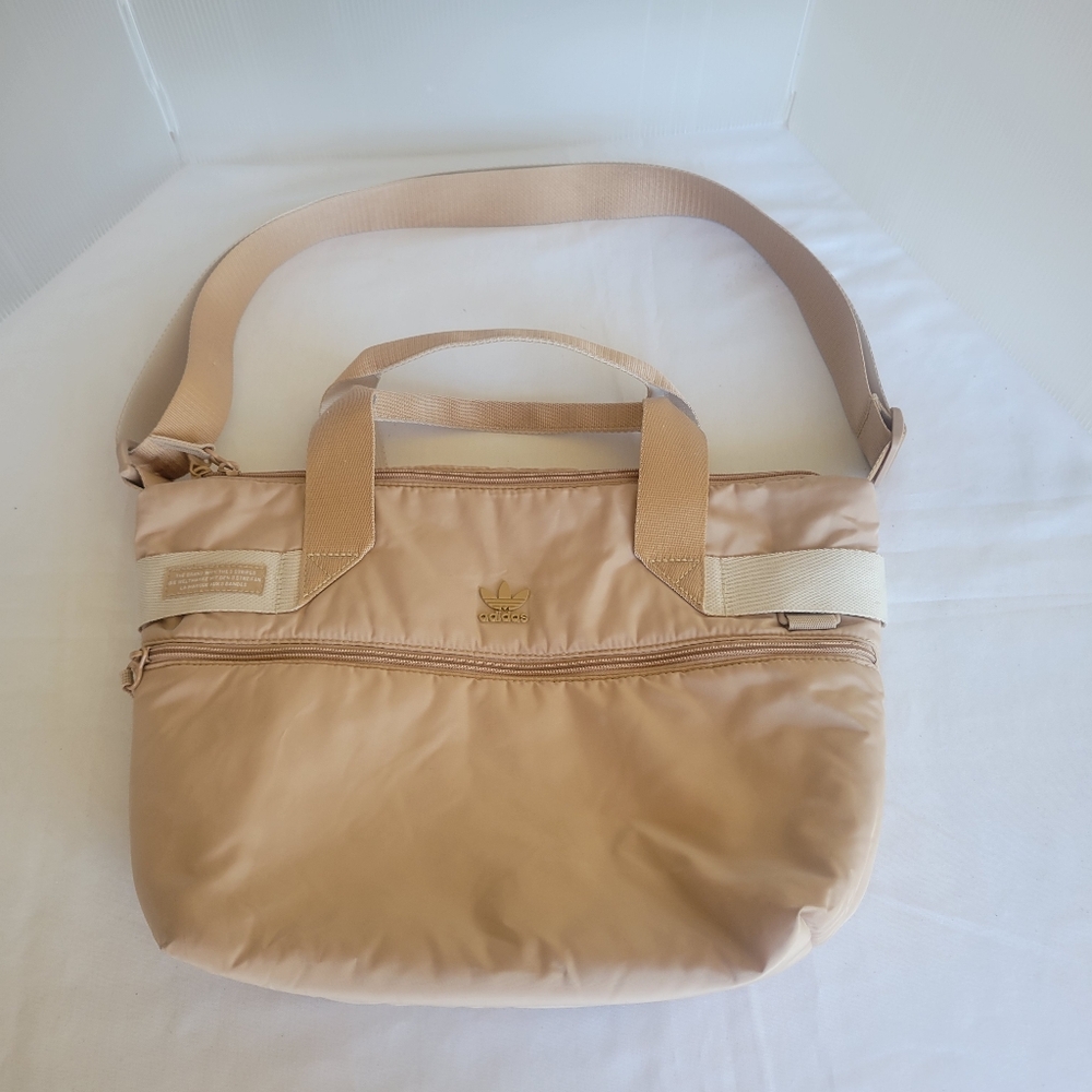 Adidas Puffer Shopper Tote Nylon Bag Tan Beige Travel Gym Purse Zip